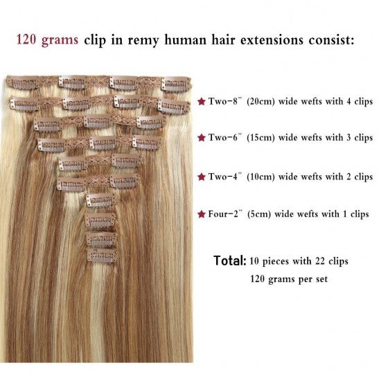 20 Inches 10 Pieces clip in hair human extensions Real Remy Double Weft  Thick Hair12/613 - Elighty Hair
